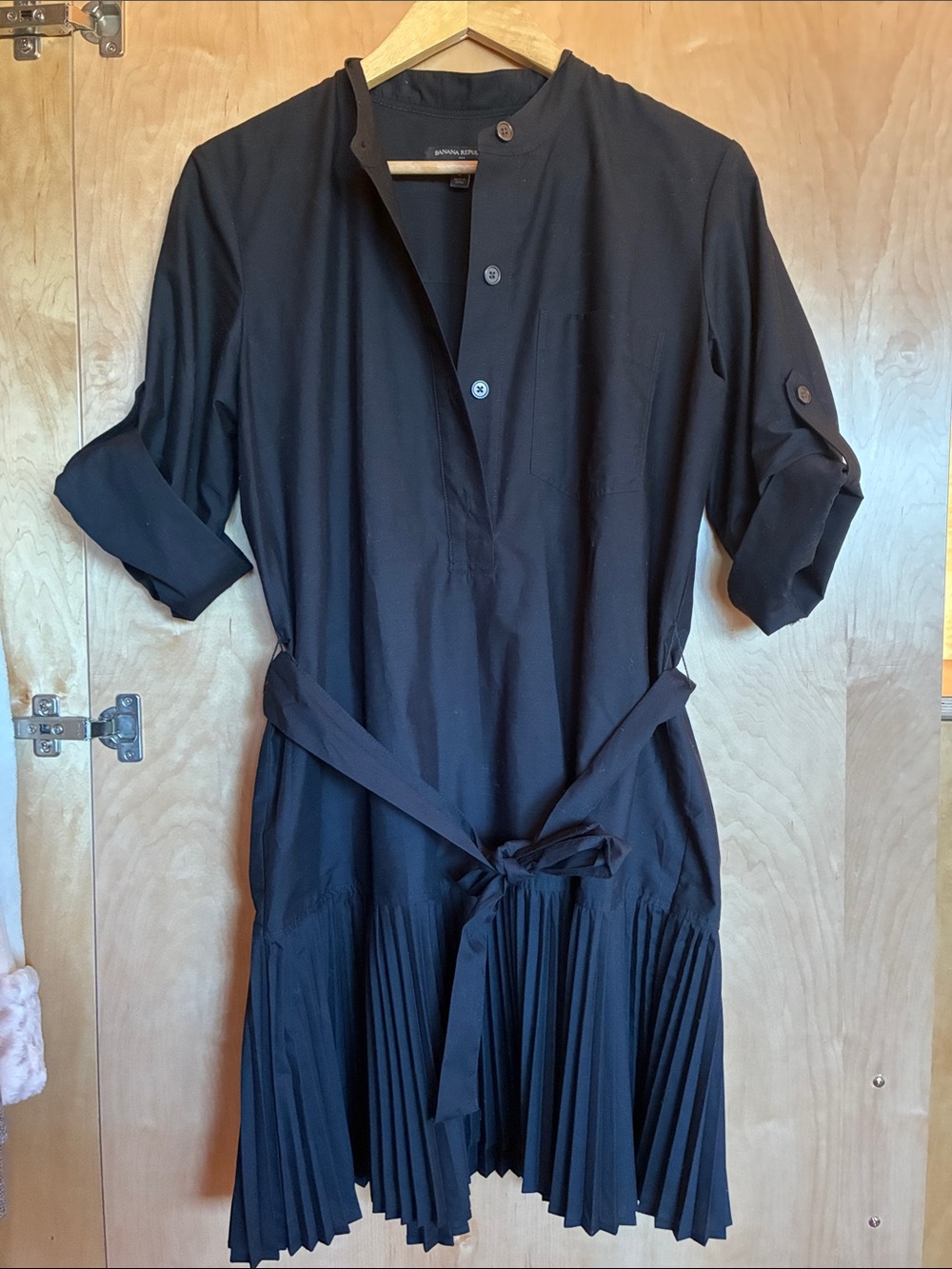 Banana Republic Black Midi Shirt Dress with Pleated Hem and Tie